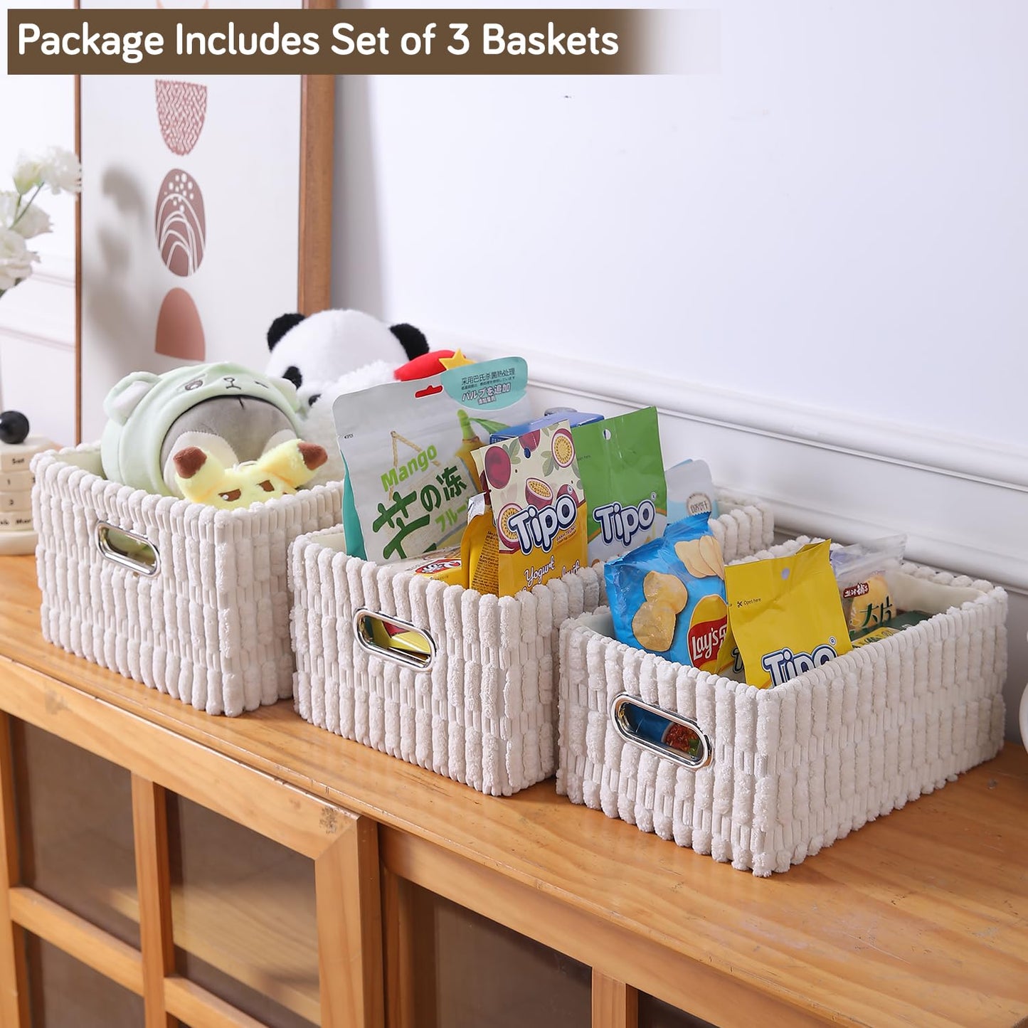 Plush Storage Organizer Baskets for Storage, Set of 3, Cream