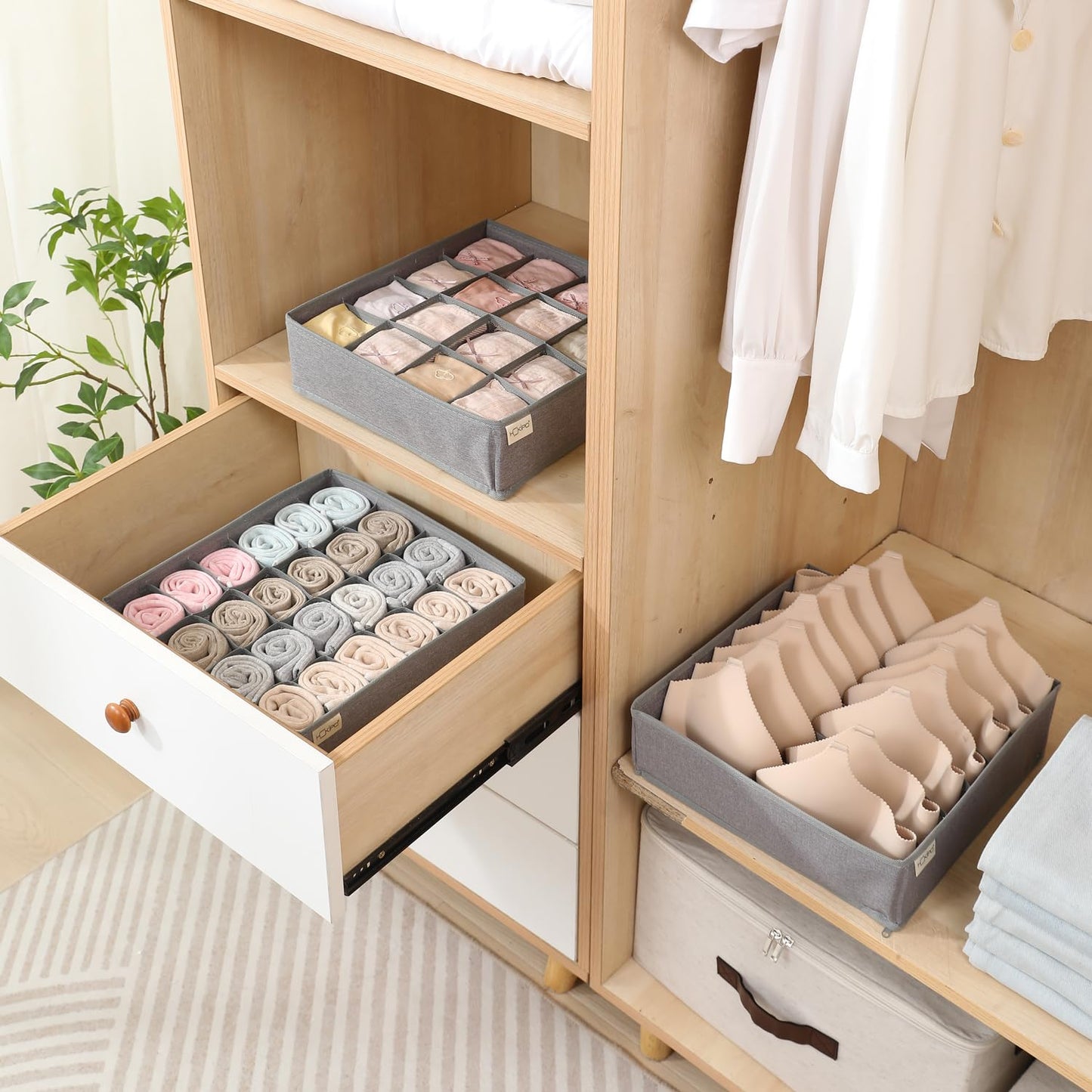 Undergarment Organizer Storage Box for Drawers Panty Socks Tie Lingerie Organizer for Wardrobe, 7/16/24 Grid, Grey