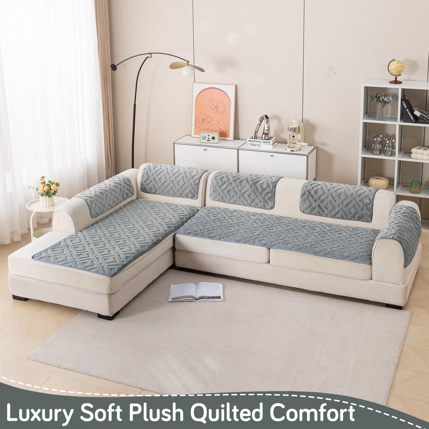 Velvet Maze Premium L Shape Sofa Cover Seat Mat, Dark Grey