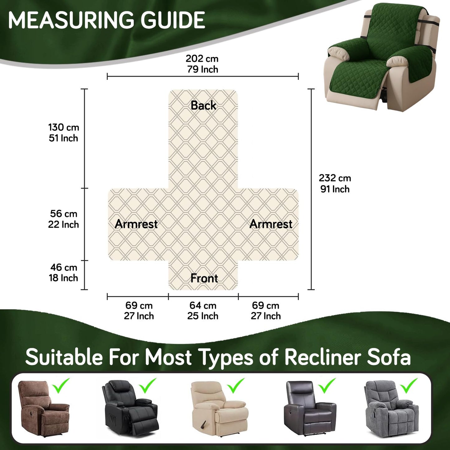 UrbanQuilt Recliner Sofa Slipcover Mat with Dual Belt for 1/2/3 Seater - Forest Green