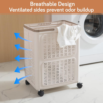 HOKIPO Foldable Laundry Basket with Wheels for Clothes, Toys & More - Beige