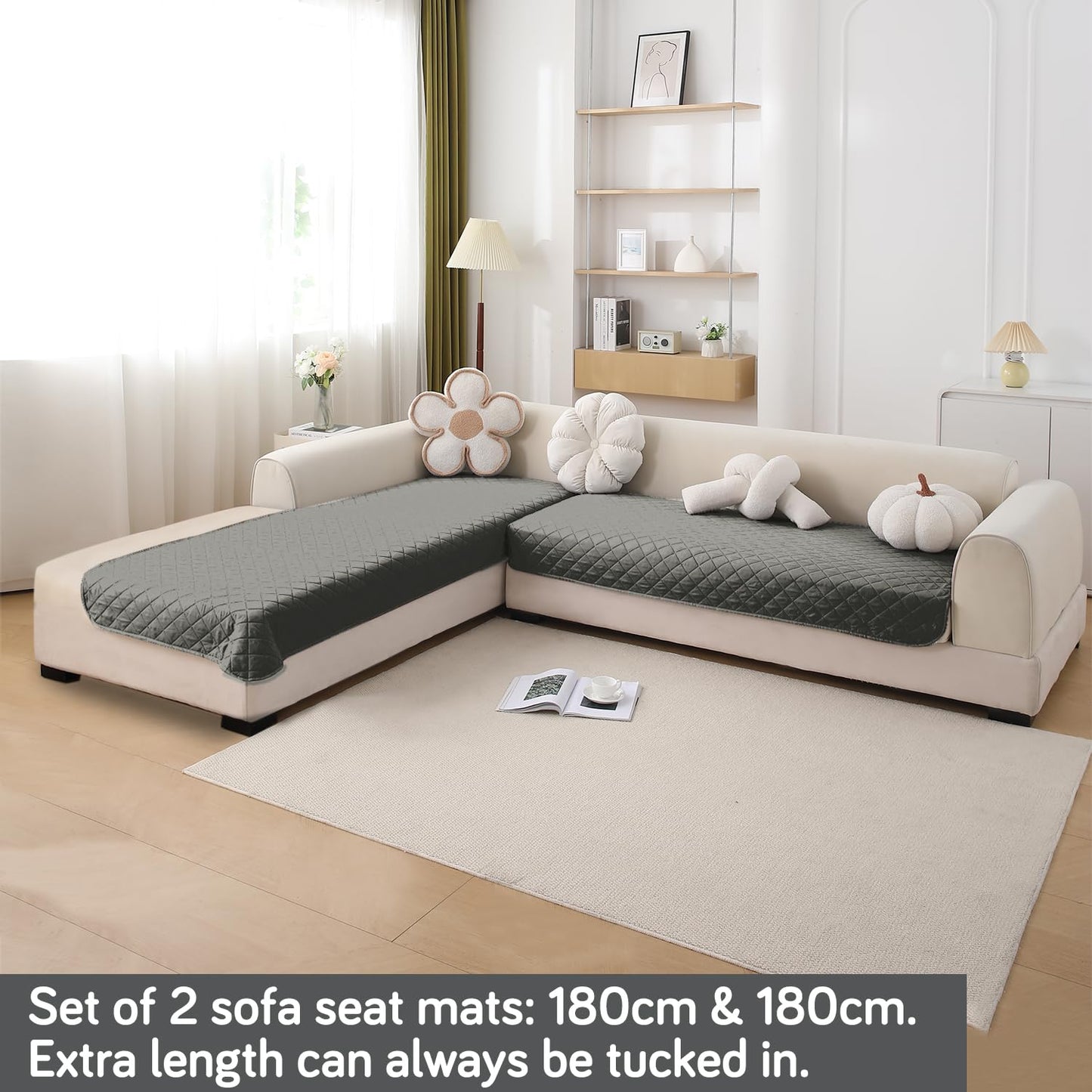 HOKIPO Waterproof Quilted Quick Dry L Shape Sofa Seat Cover Mat, Light Grey