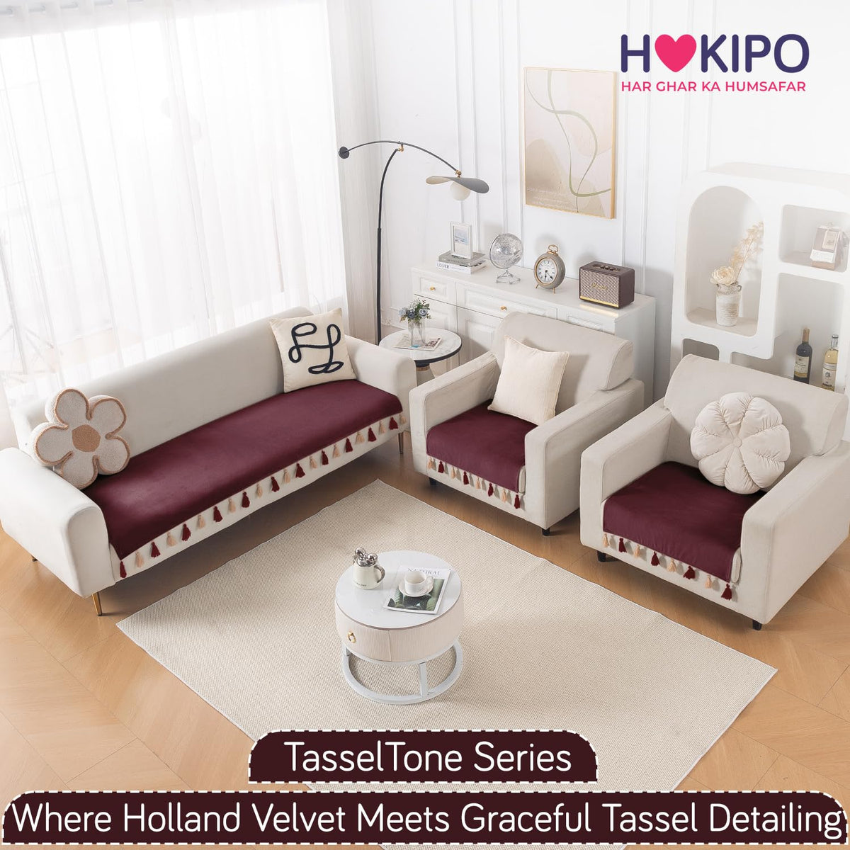 Premium Holland Velvet 5-Seater Sofa Cover (3+1+1), TasselTone Series | Wine Red
