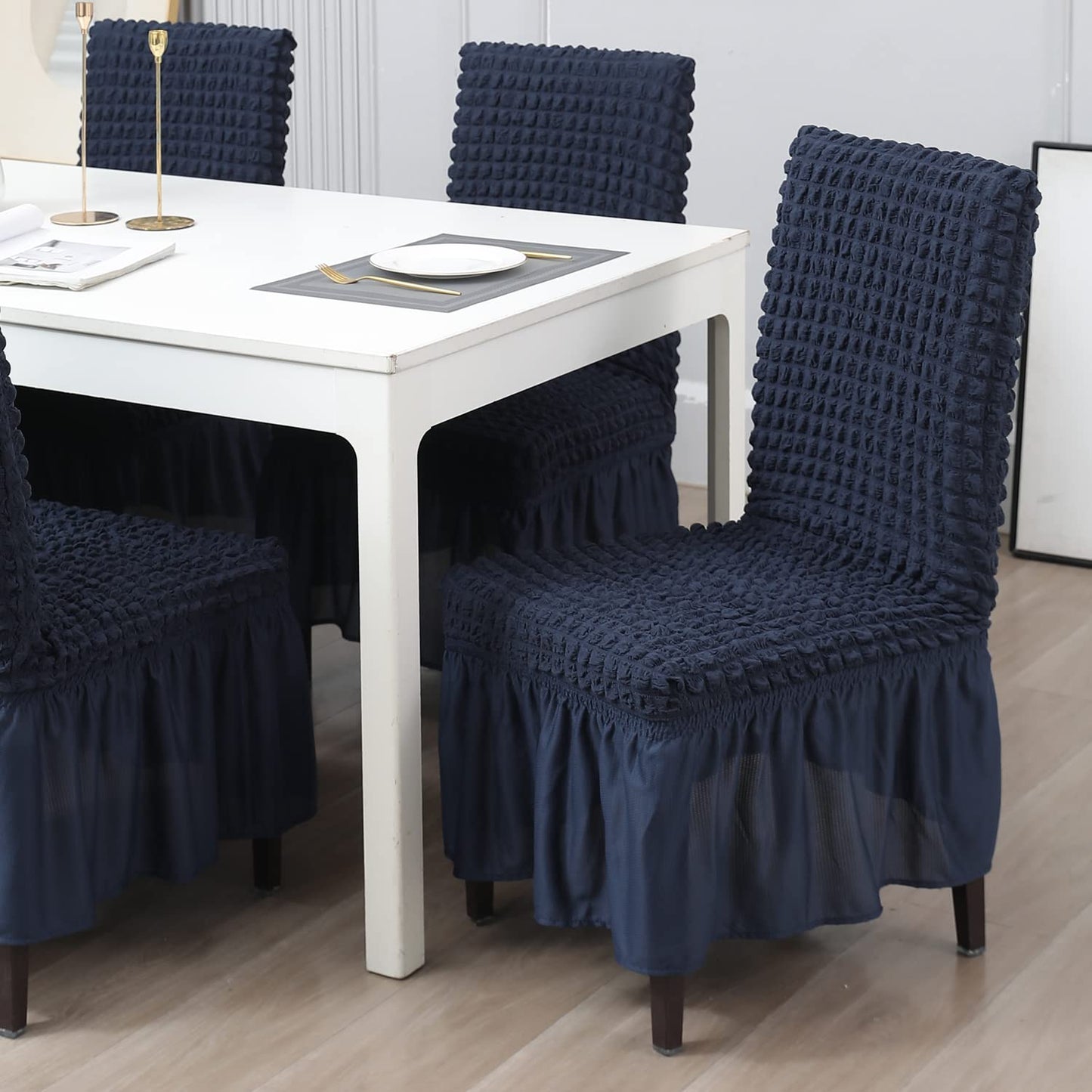 Elastic Stretchable 280 GSM Turkish Bubble Dining Chair Cover with Frill, Navy Blue