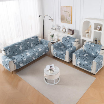 Easy Drape Reversible Quilted 5-Seater Sofa Cover (3+1+1), Blue Blossom