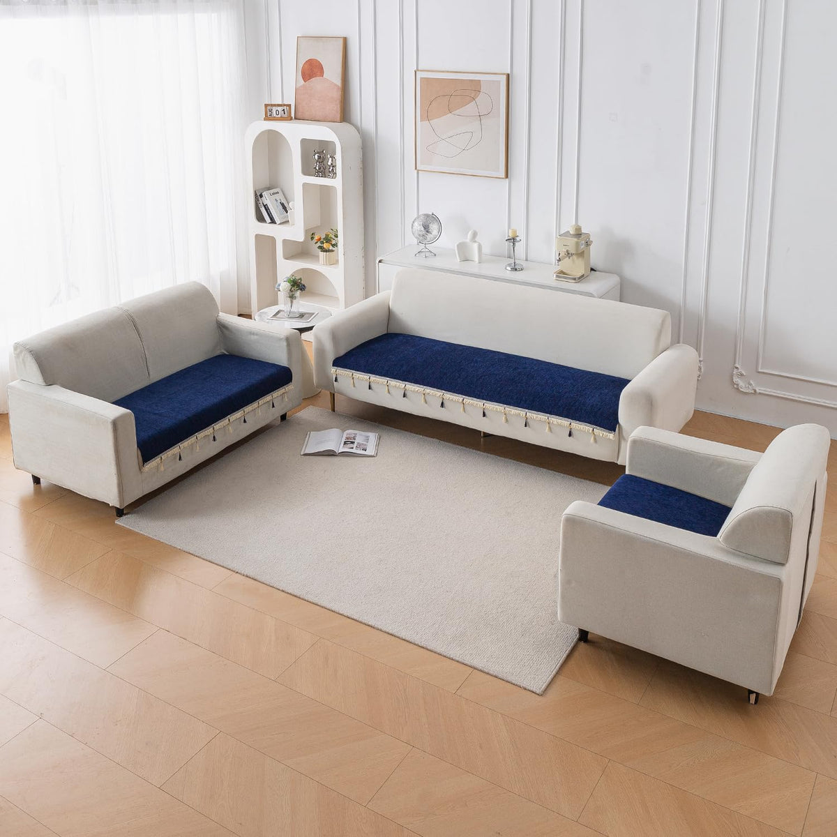 Serenity Tassel Chenille Sofa Cover with Tassel – Sapphire Navy