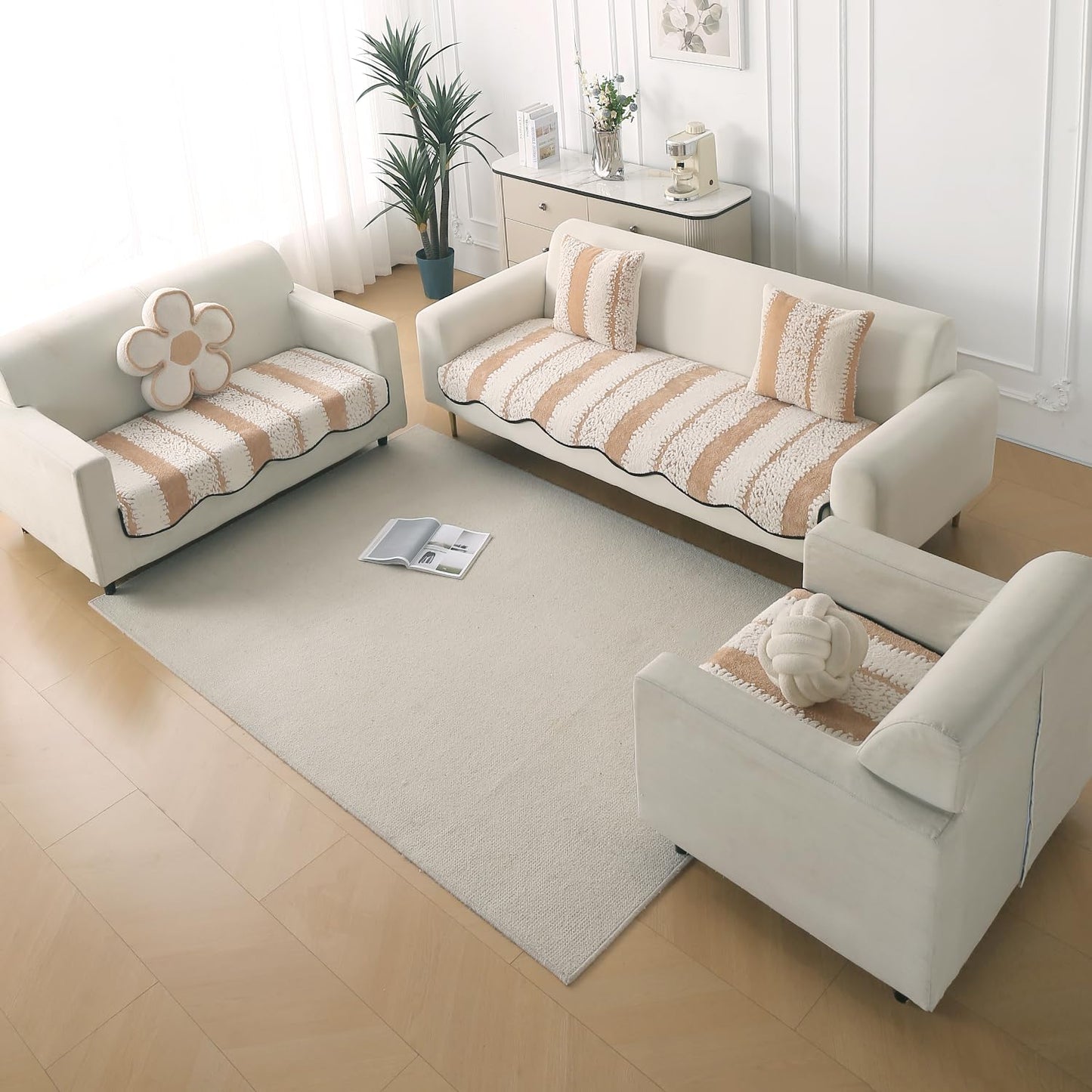 Luxury Wavy Anti Slip Plush Sofa Cover Mat, Desert Brown
