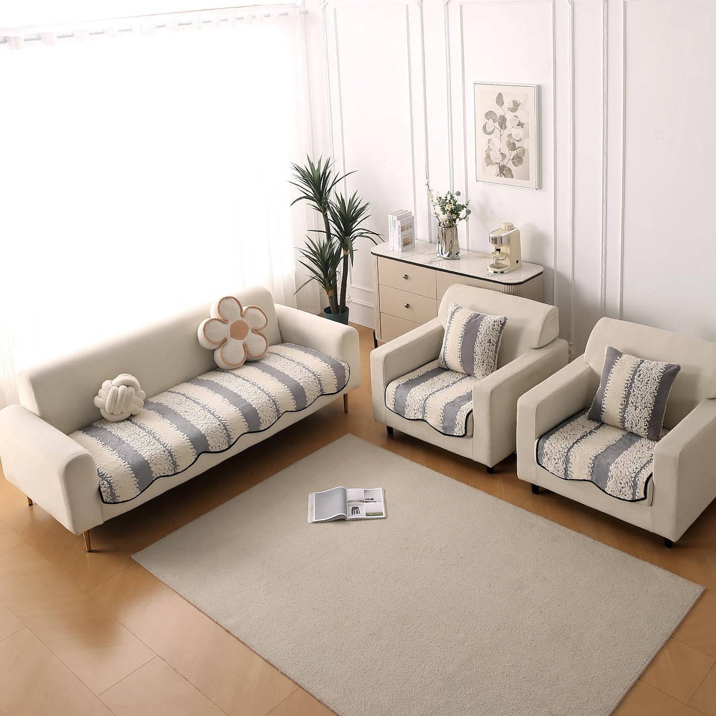 Luxury Wavy Anti Slip Plush Sofa Cover Mat, Pewter Grey