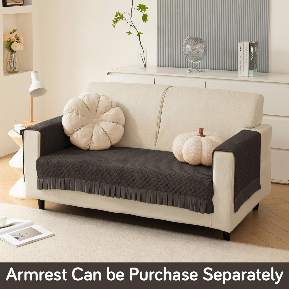 Holland Velvet Sofa Cover Seat Mat with Frill for 1/2/3 - Seater, Dark Grey