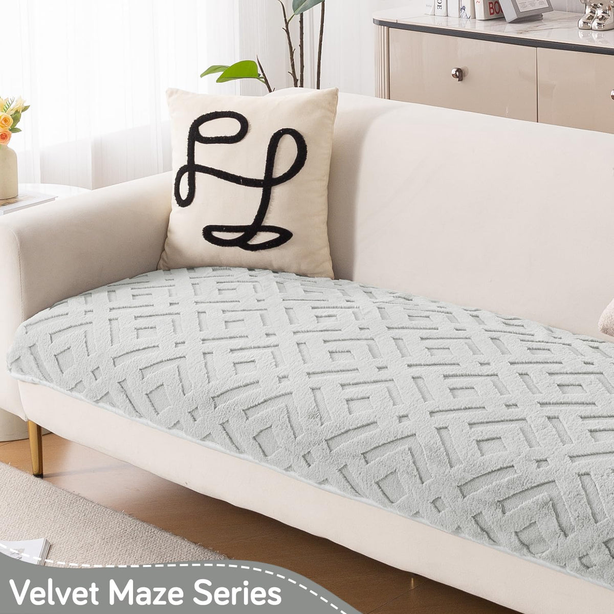 Velvet Maze Premium L Shape Sofa Cover Seat Mat, Light Grey