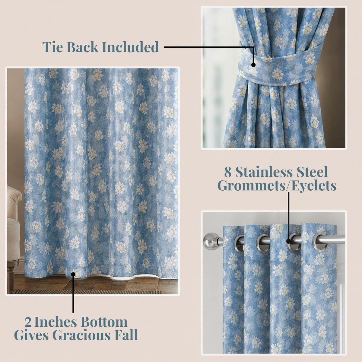 HOKIPO Vogue Shine Eyelet Curtains, 7 Feet Long - Denim Blue - image 4
