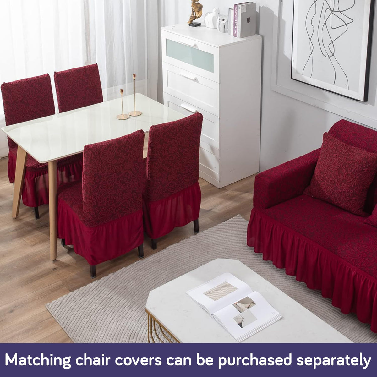 Elastic Stretchable Designer Woven Jacquard Sofa Cover with Frill, Wine Red
