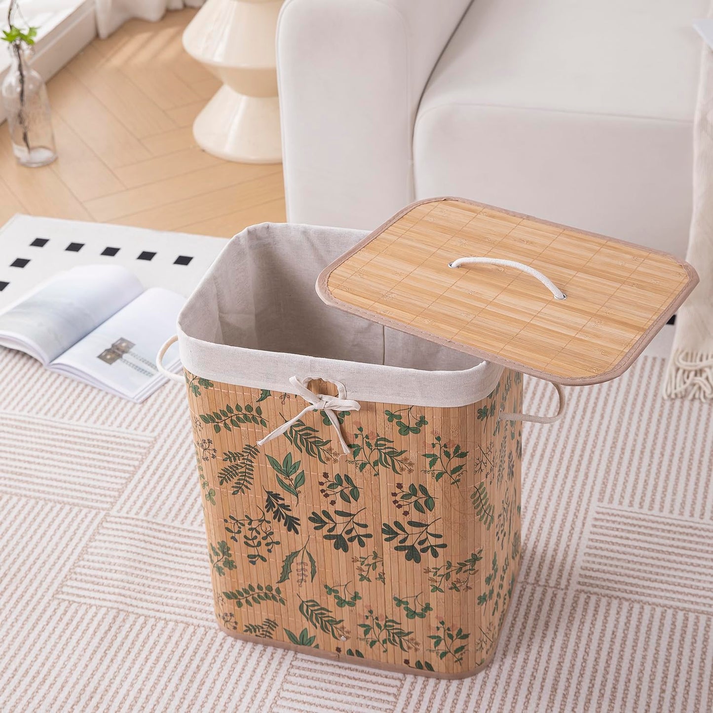 Eco-Friendly Foldable Bamboo Laundry Basket Hamper with Lid, Large - 60 Liter, Fern Leaves