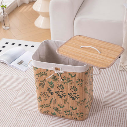 Eco-Friendly Foldable Bamboo Laundry Basket Hamper with Lid, Large - 60 Liter, Fern Leaves