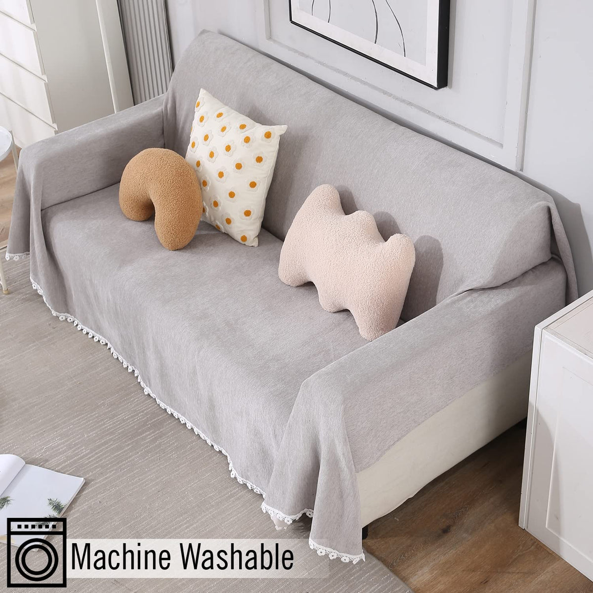 Buy Grey colour chenille sofa throw in size 180(D)x180(L) for one seater, 180(D)x230(L) for two seater, 180(D)x300(L) for 3 seater
