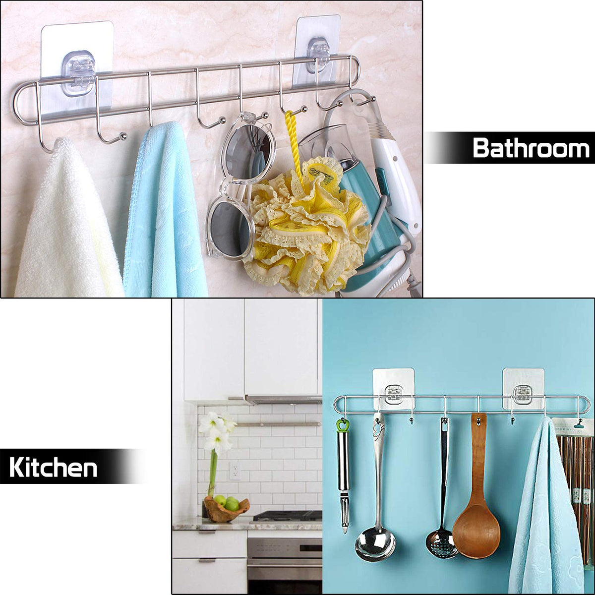 Magic Sticker Series Self Adhesive Stainless Steel 6/8 Hook Rail - 5KG Load Capacity