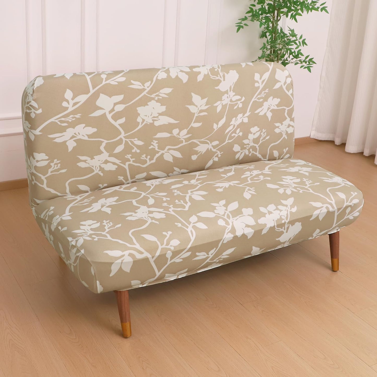 Elira Series Stretchable Elastic Armless Sofa Cover – 140 GSM, Futon Slipcover, Easy Fit, Buff Brown Sillehoute Floral