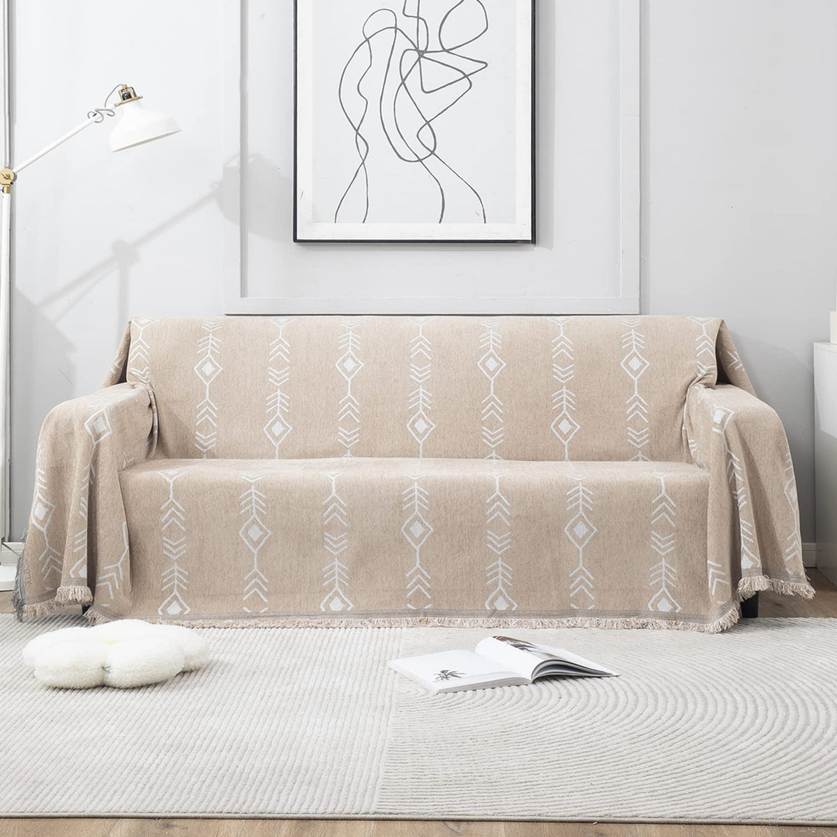 Beige Aztec, Thick, Soft and Pet Friendly Chenille Sofa Cover Throw
