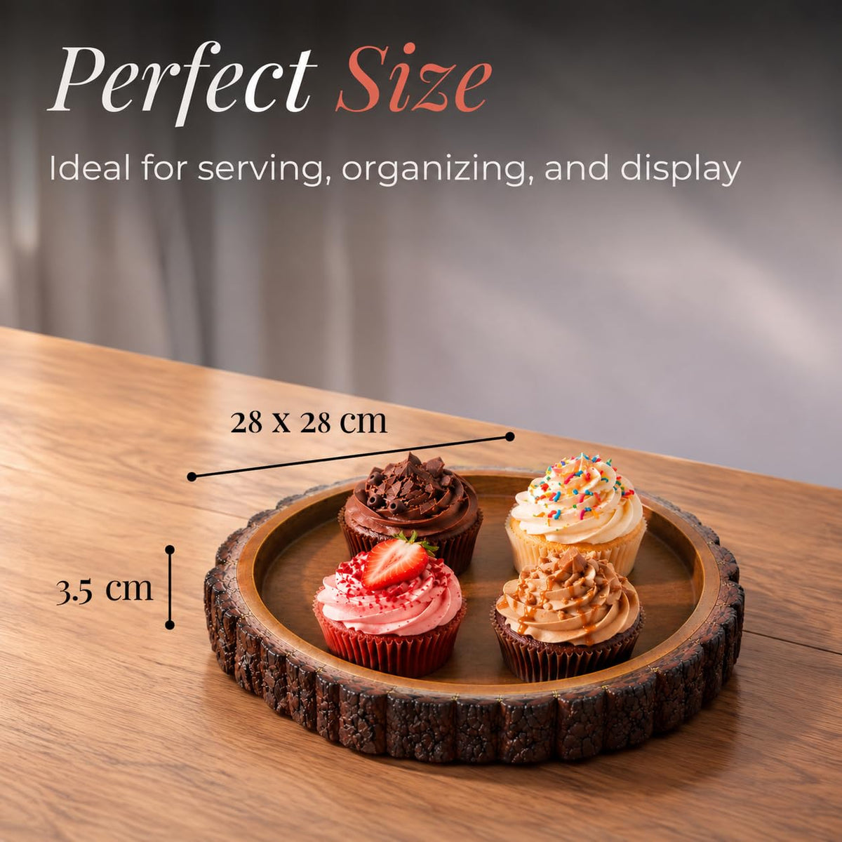 HOKIPO Arbor Mango Wood Round Serving Tray with Bark Edge, 28 cm - image 4