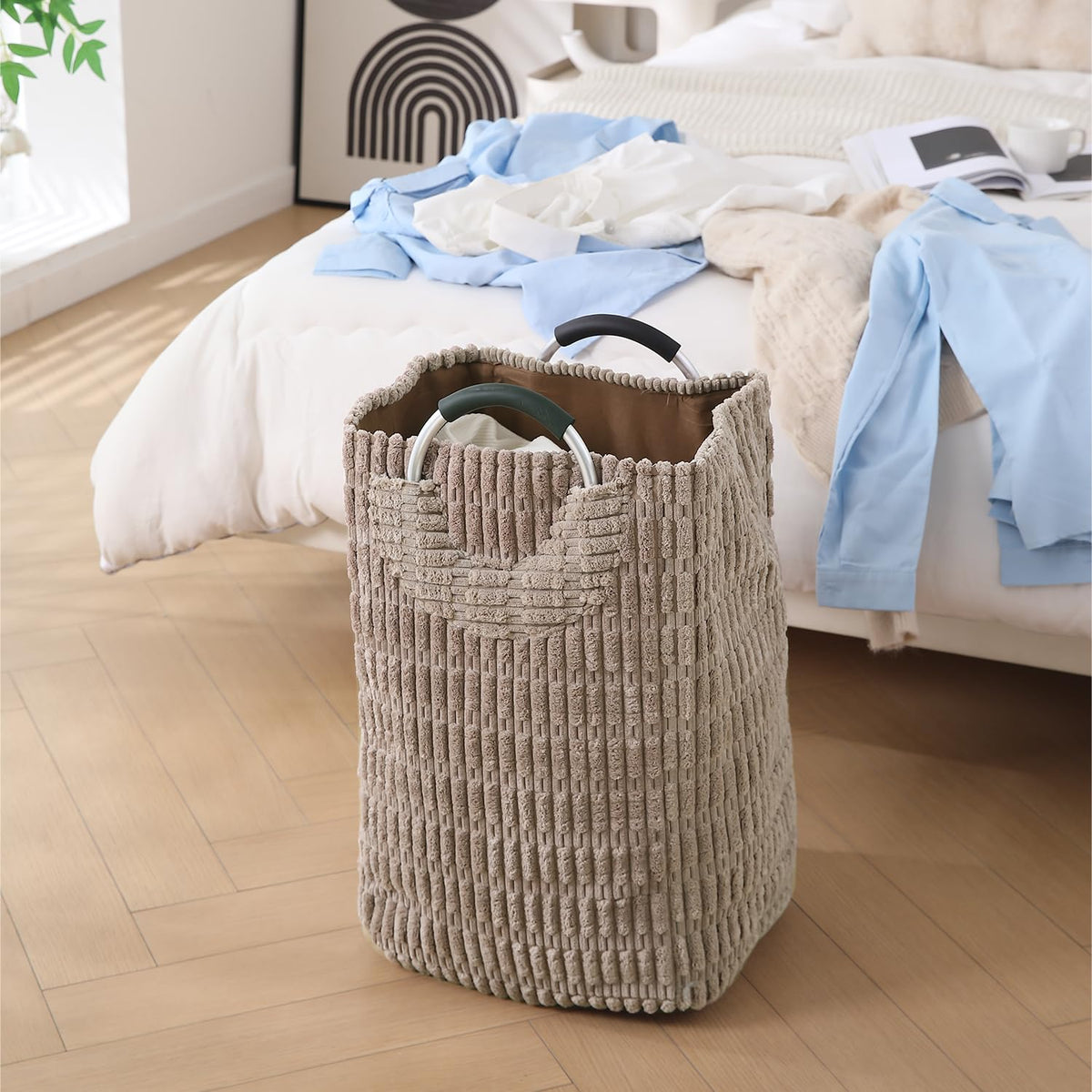 Folding Laundry Bag for Clothes Hamper Basket, Collapsible Storage Basket, Latte Brown