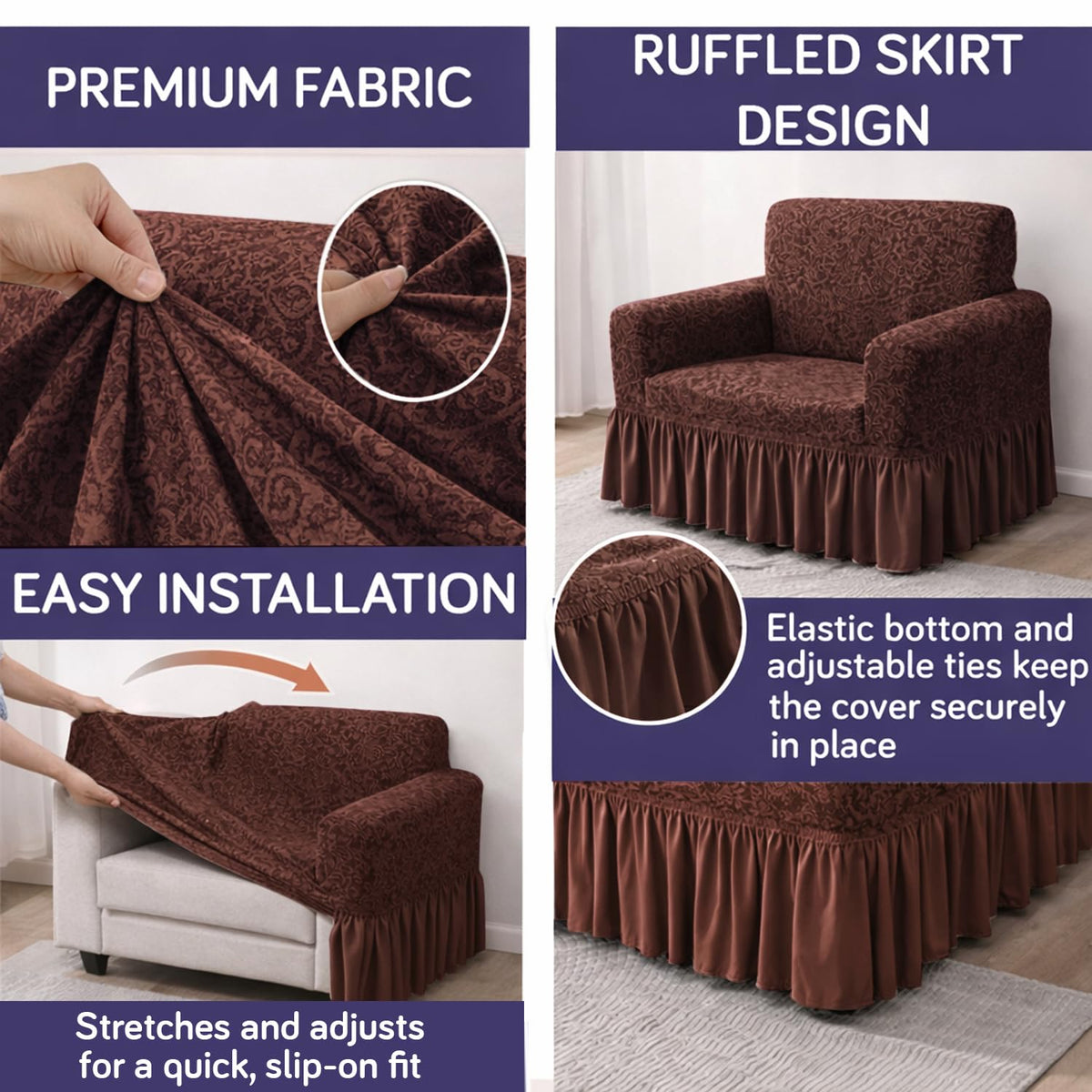 Elastic Stretchable Designer Woven Jacquard Sofa Cover with Frill , Pecan Brown