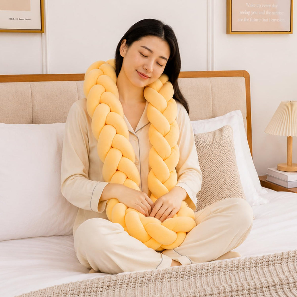 HOKIPO Braided Knot Chain Pillow for Sofa & Bed, 200 cm, Yellow