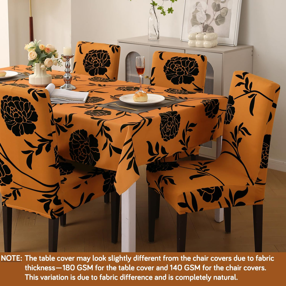 Elastic Dining Chair Covers with Matching Tablecloth, Copper Brown Floral
