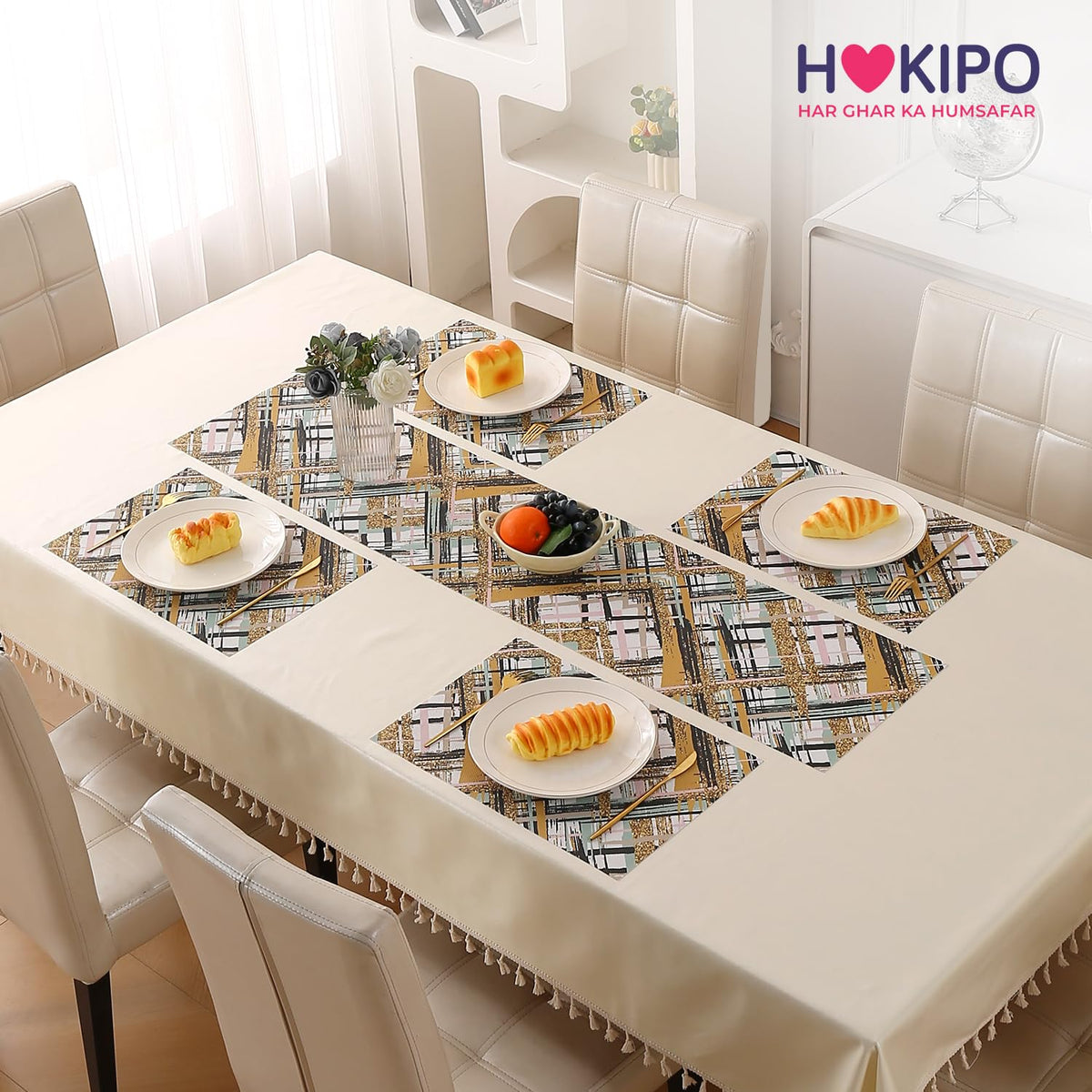 Marble Fusion PVC Mats for Dining Table, Crosshatch - Mustard Gold