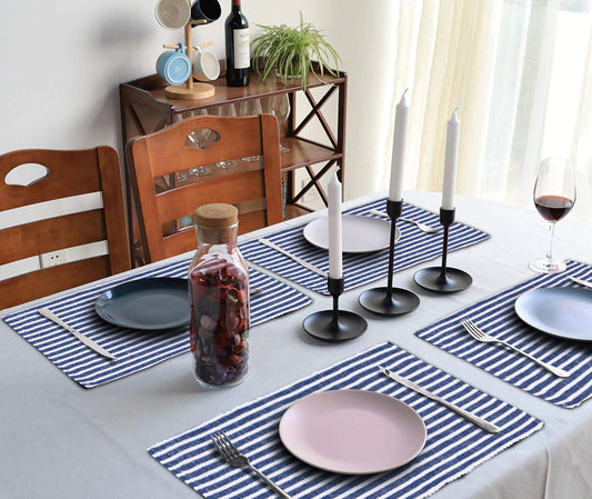 Ribbed Cotton Heat Resistant Dining Table Mat, Blue Striped
