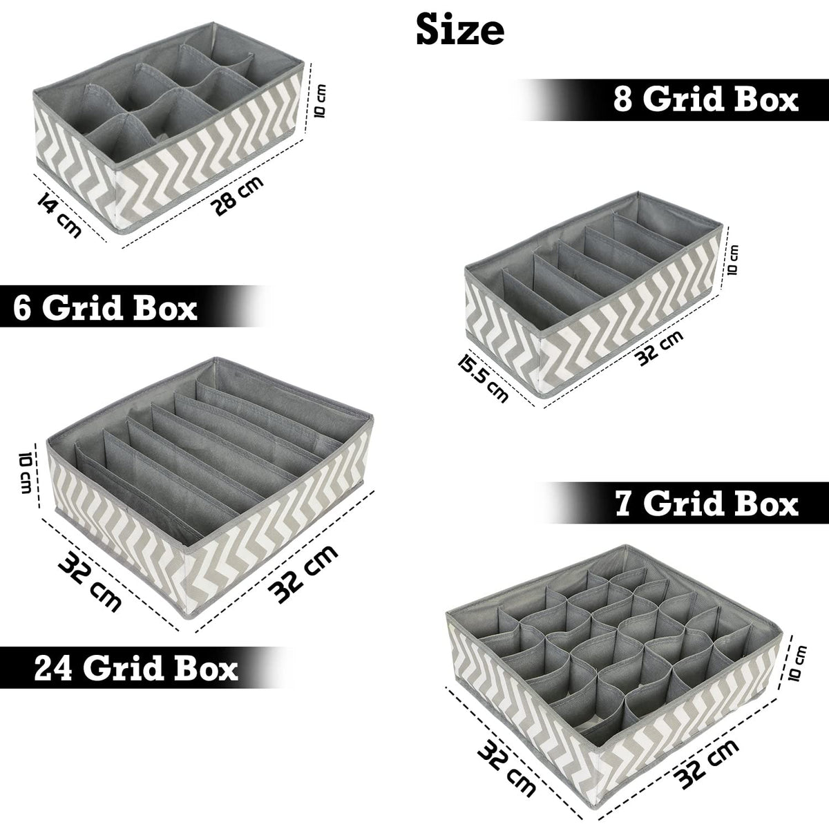 4 Pcs Undergarment Organizer Storage Box for Drawers Bra Panty Socks Tie Lingerie Organizer for Wardrobe, 24x8x7x6 Grid ,inside, Non-Woven Fabric, Grey