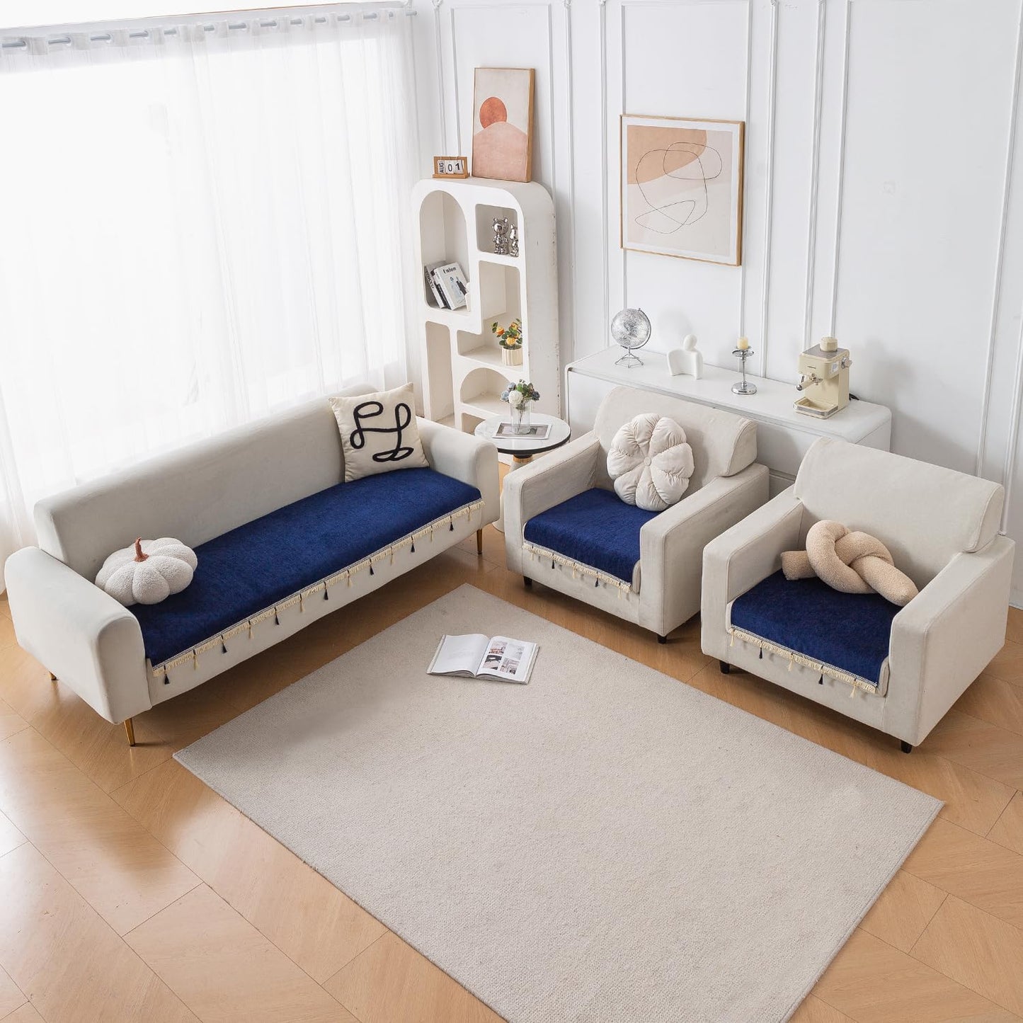 Serenity Tassel Chenille Sofa Cover with Tassel – Sapphire Navy