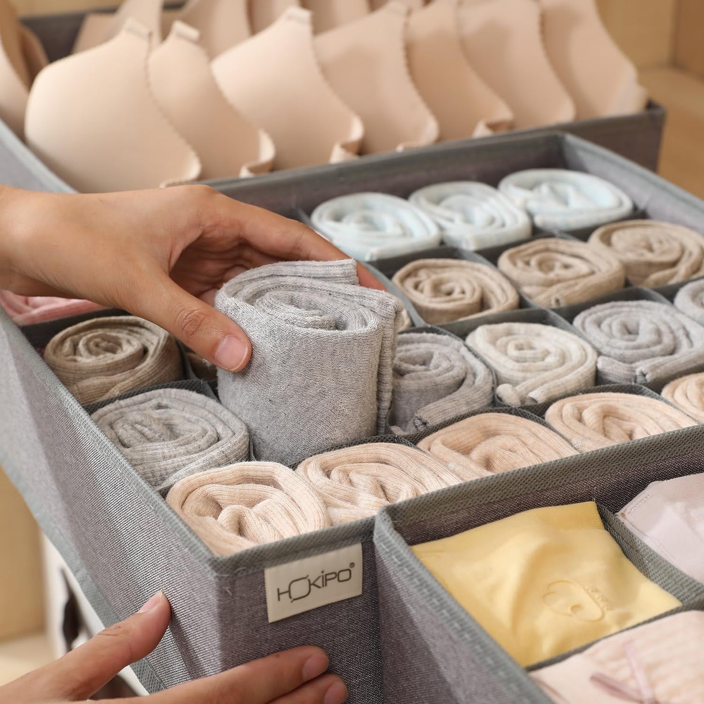 Undergarment Organizer Storage Box for Drawers Panty Socks Tie Lingerie Organizer for Wardrobe, 7/16/24 Grid, Grey