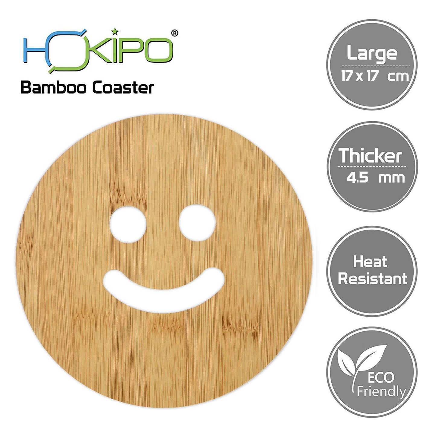 HOKIPO Smily Bamboo Wooden Coasters for Home Pan Pot Holder - Pack of 2/4/6