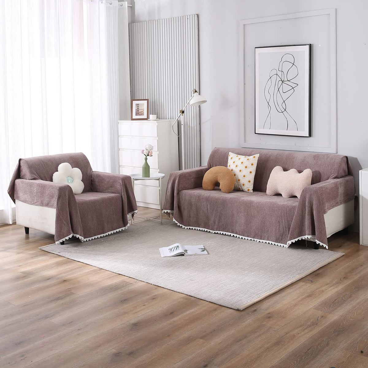 3+1 seater Brown colour chenille sofa throw set 
