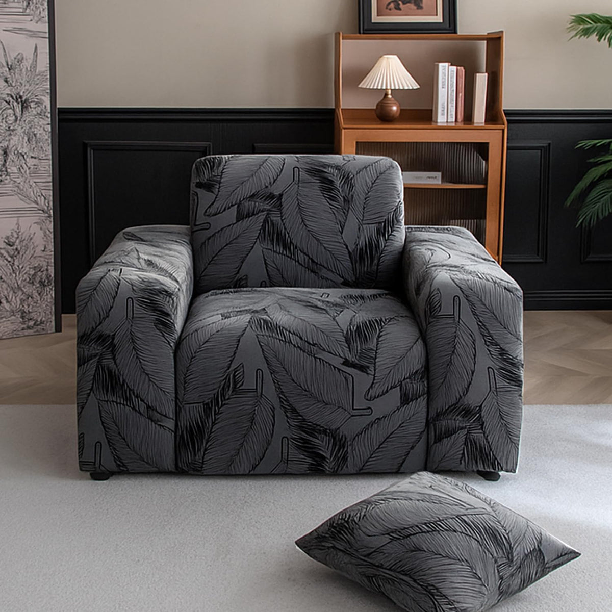 Buy shadow grey colour dual tone series knitting jacquard single seater sofa cover​ & pillow cover | HOKIPO