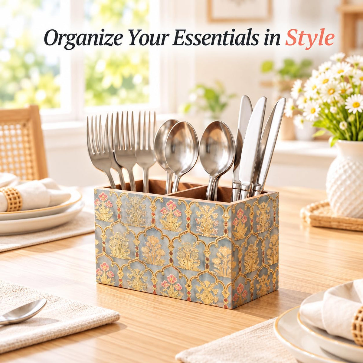 HOKIPO Cutlery Holder for Dining Table, Engineered Wood, Shahi Gulnaar - image 2