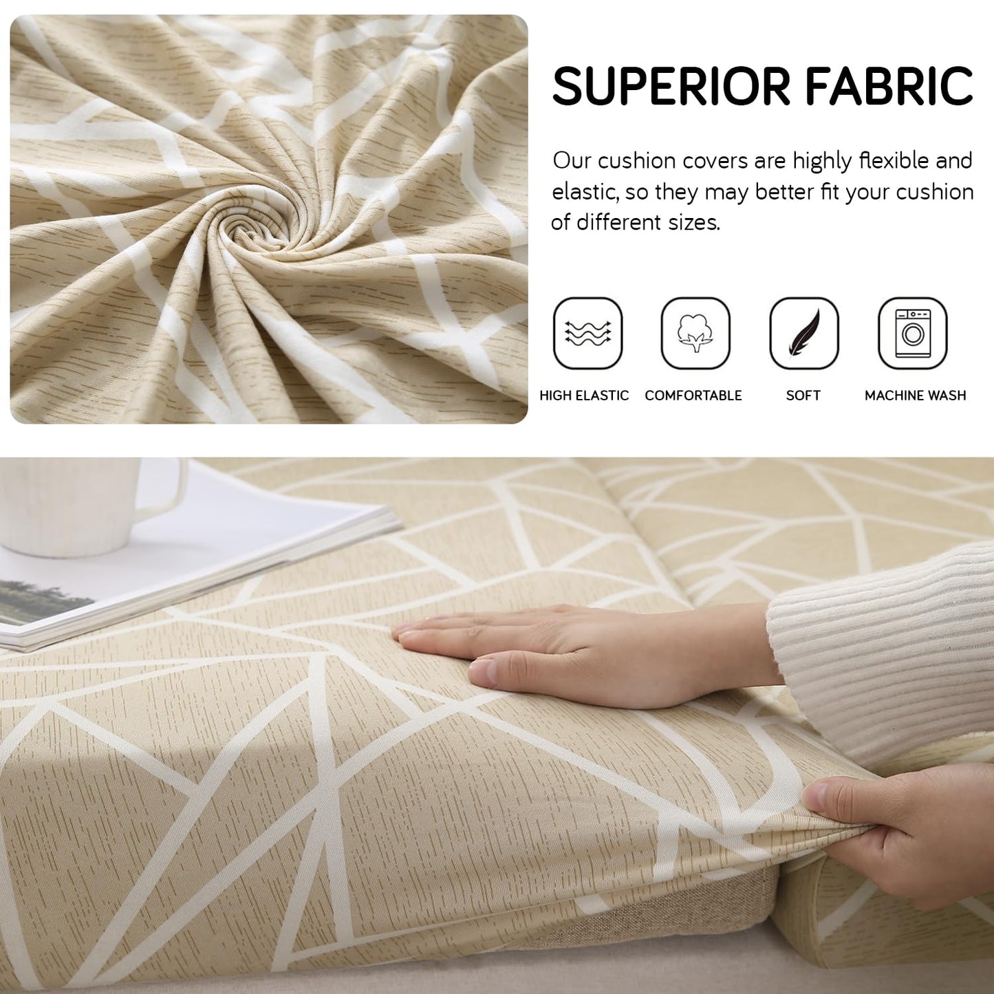 140 GSM Stretchable Printed Elastic Sofa Cushion Seat Cover for 1 /2 /3 Seaters / Pieces for Sofa, Beige Abstract Geometry