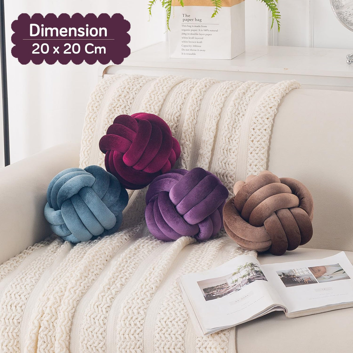 HOKIPO Velvet Knot Ball Cushion for Sofa & Bed, 20 cm, Cream