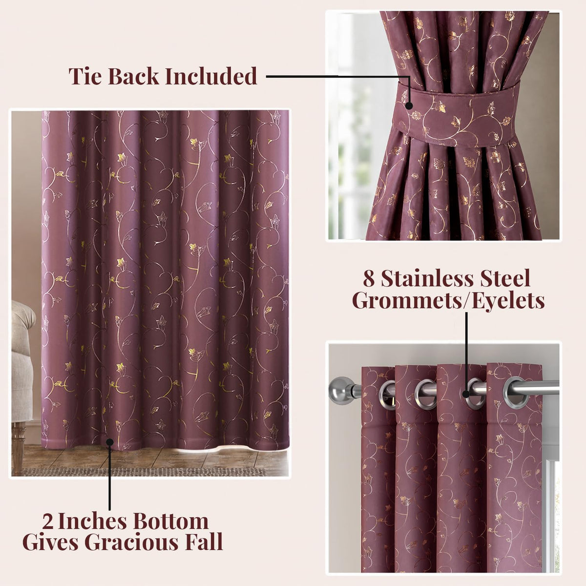 HOKIPO Golden Vine Eyelet Curtains, 7 Feet Long - Dusty Rose - image 3