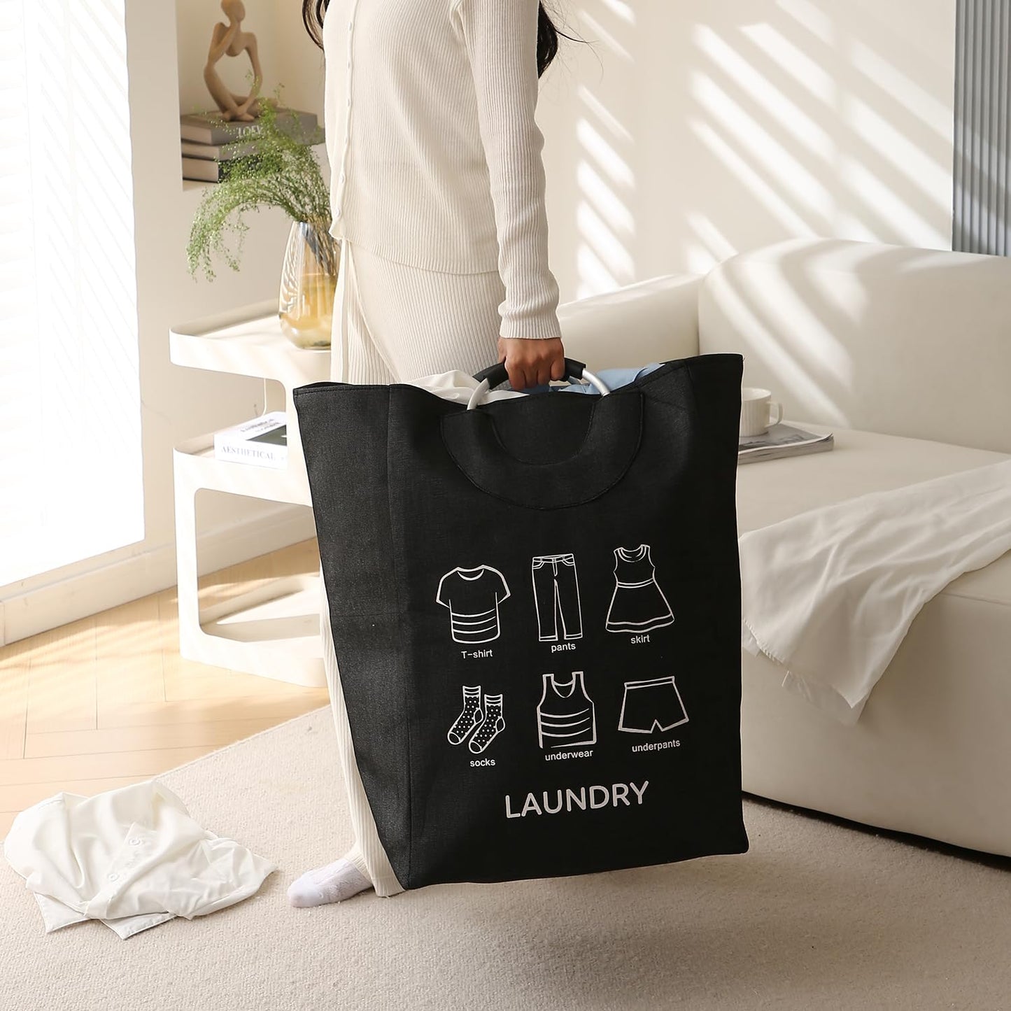 Folding Laundry Bag for Clothes Hamper Basket, Collapsible Storage Basket, Black