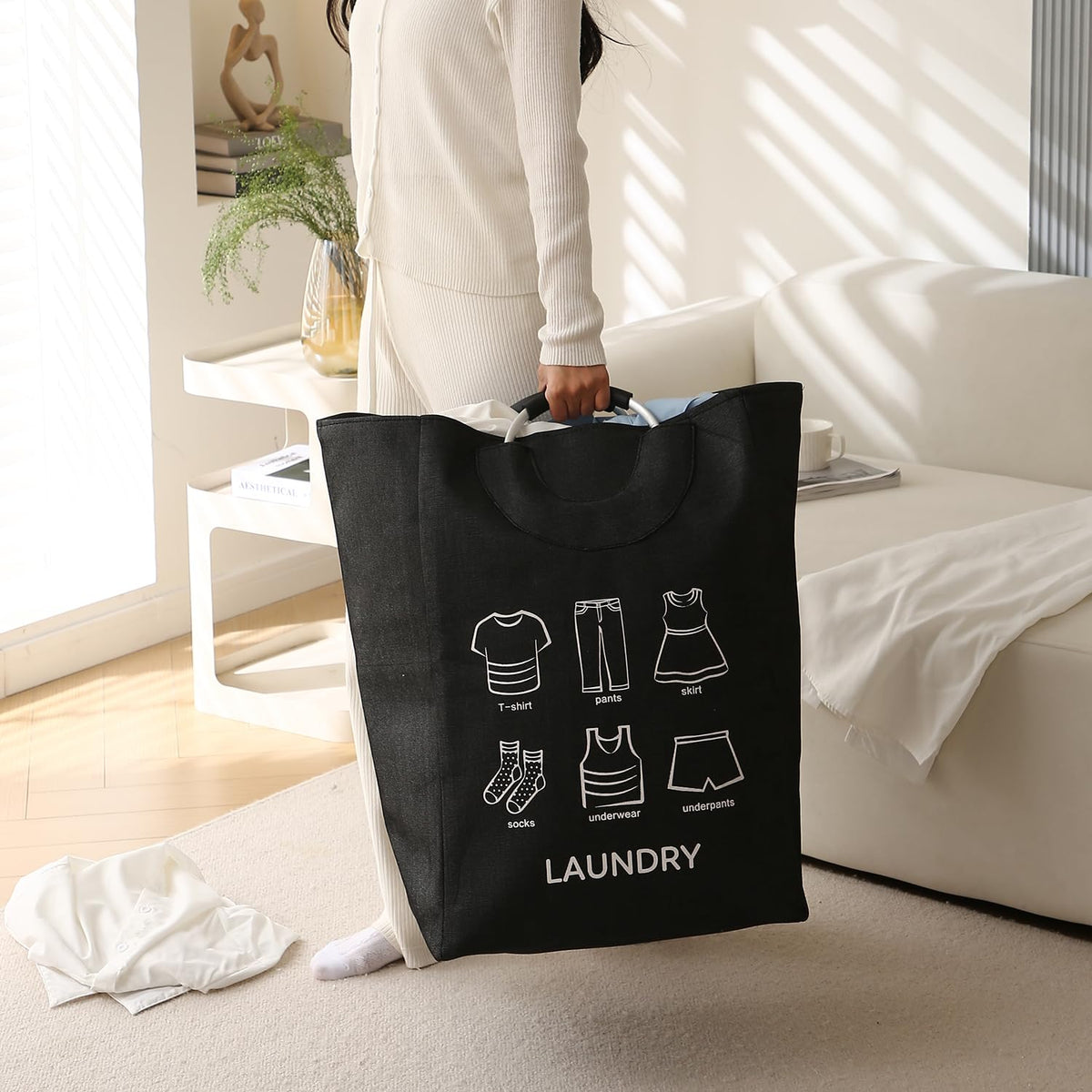 Folding Laundry Bag for Clothes Hamper Basket, Collapsible Storage Basket, Black