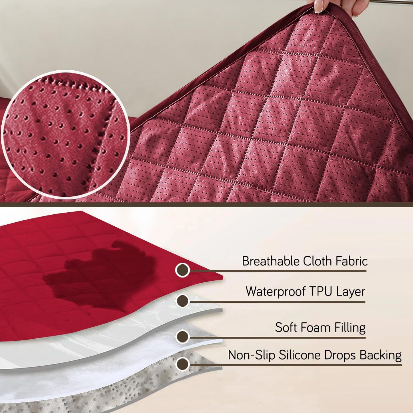 HOKIPO Quilted Waterproof Sofa Seat Mat for 1/2/3 Seater Sofa with 2 Armrest Covers with Pockets, Red