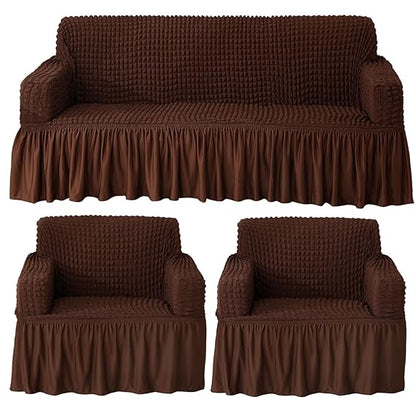 Dark Brown Elastic Turkish Bubble Frill sofa cover for 3+1+1 seater​ sofa set