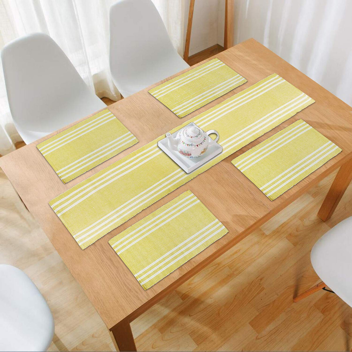 Ribbed Cotton Heat Resistant Dining Table Mat, Yellow Striped