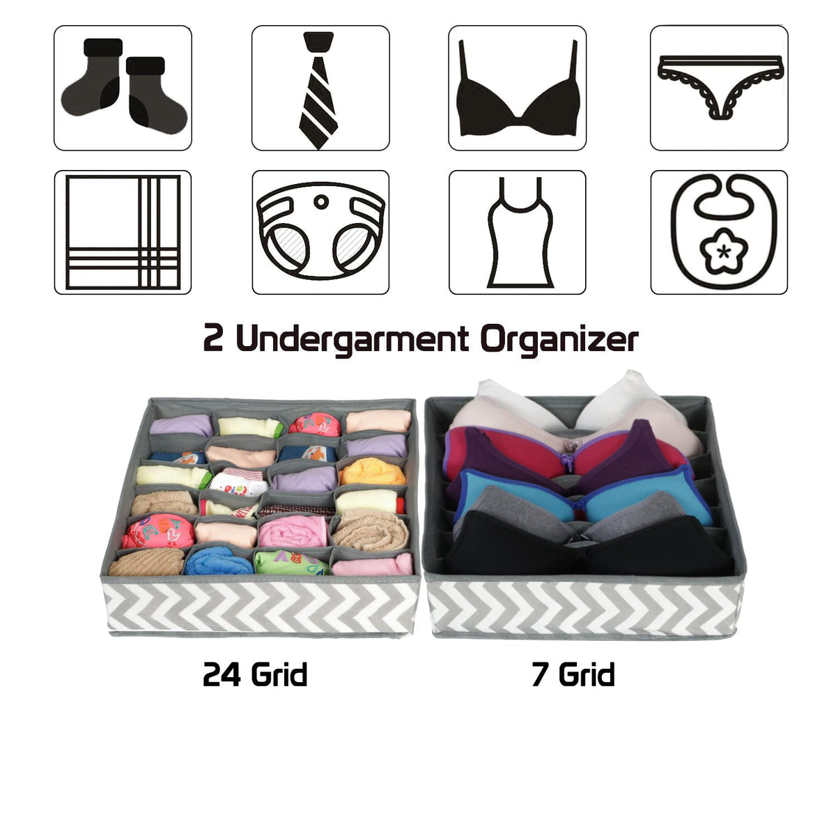 Non-Woven 2 Pcs Undergarment Organizer Storage Box For Drawers Bra Panty Socks Tie Lingerie Wardrobe, 24X7 Grid (Clothing, Grey)