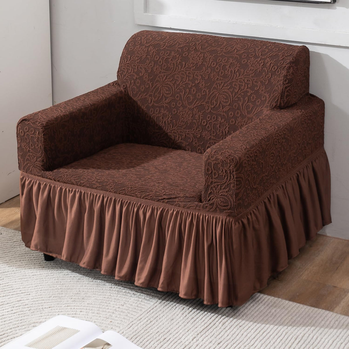 Pecan Brown  stylish & designer woven jacquard elastic frill 1 seater sofa cover