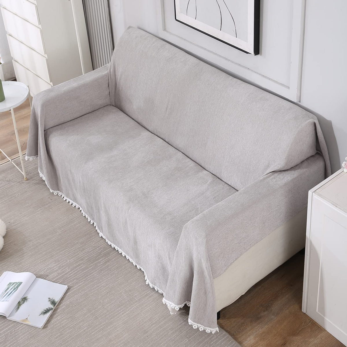 Buy 3+1 seater Grey colour chenille sofa throw set 
