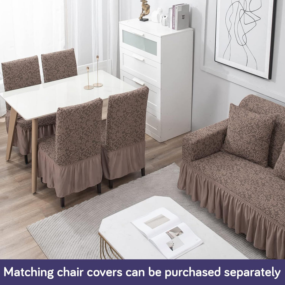 Elastic Stretchable Designer Woven Jacquard Sofa Cover with Frill, Light Taupe