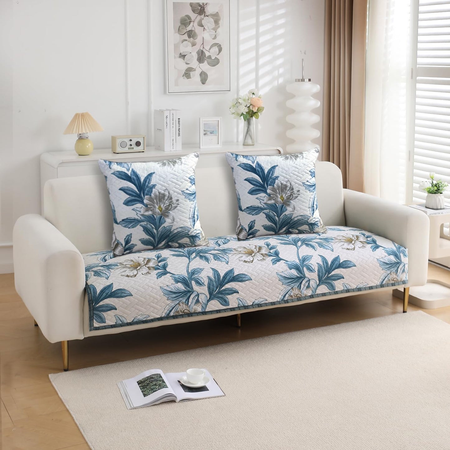 HOKIPO Printed Quilted Sofa Cushion Cover Pack of 2, Celadon Blue Camellia
