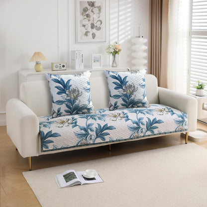 HOKIPO Printed Quilted Sofa Cushion Cover Pack of 2, Celadon Blue Camellia